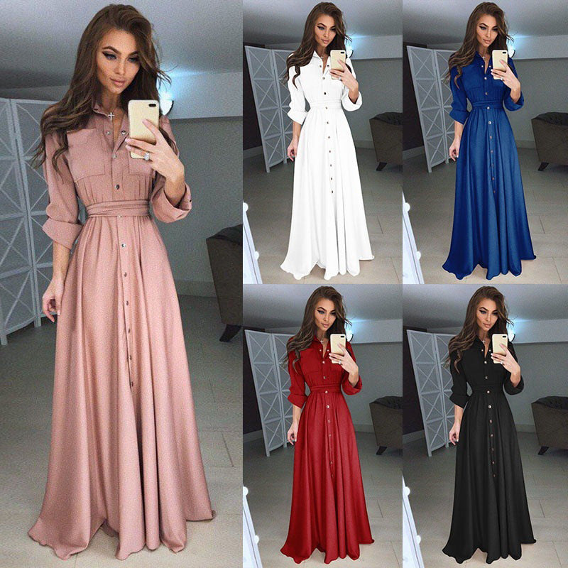 Damen Langarmhemdkleid mit taillierbarem Gürtel und Knopfverschluss Drune