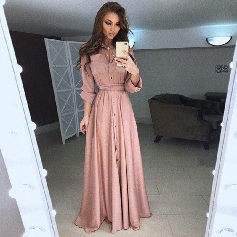 Damen Langarmhemdkleid mit taillierbarem Gürtel und Knopfverschluss Drune