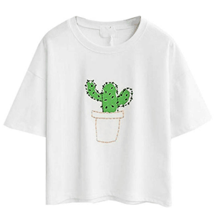Damen lässiges T-Shirt mit süßem Katzen- und Pflanzenmotiv Drune