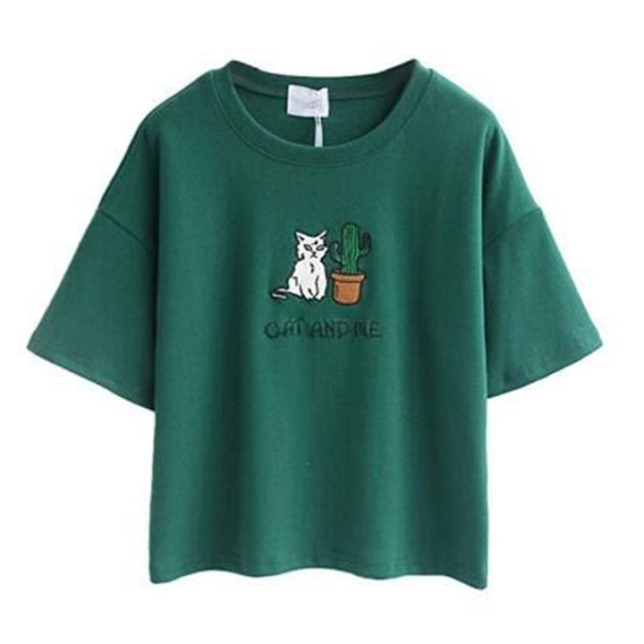Damen lässiges T-Shirt mit süßem Katzen- und Pflanzenmotiv Drune