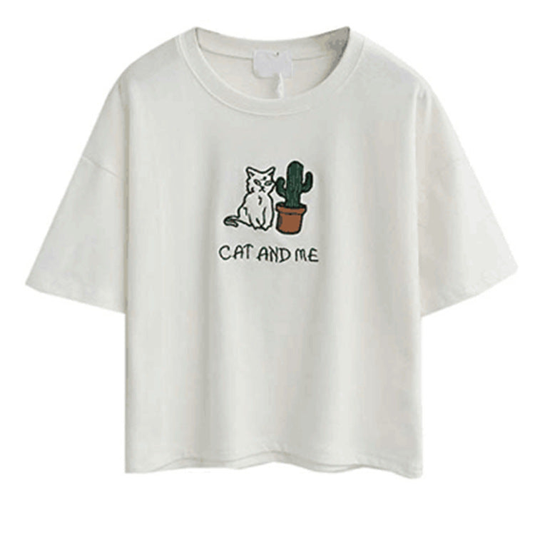 Damen lässiges T-Shirt mit süßem Katzen- und Pflanzenmotiv Drune