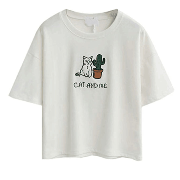 Damen lässiges T-Shirt mit süßem Katzen- und Pflanzenmotiv Drune