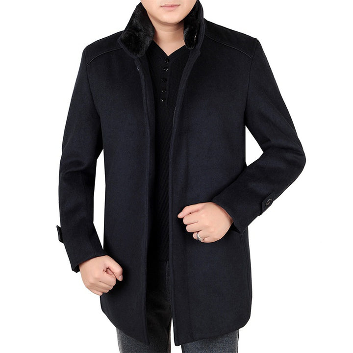 Herren Eleganter Wollmix-Kurzmantel mit hochschließendem Pelzkragen und verdeckter Knopfleiste Drune