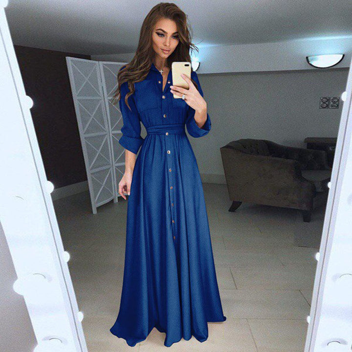 Damen Langarmhemdkleid mit taillierbarem Gürtel und Knopfverschluss Drune