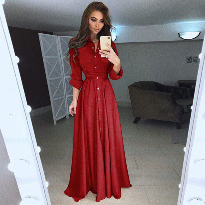 Damen Langarmhemdkleid mit taillierbarem Gürtel und Knopfverschluss Drune