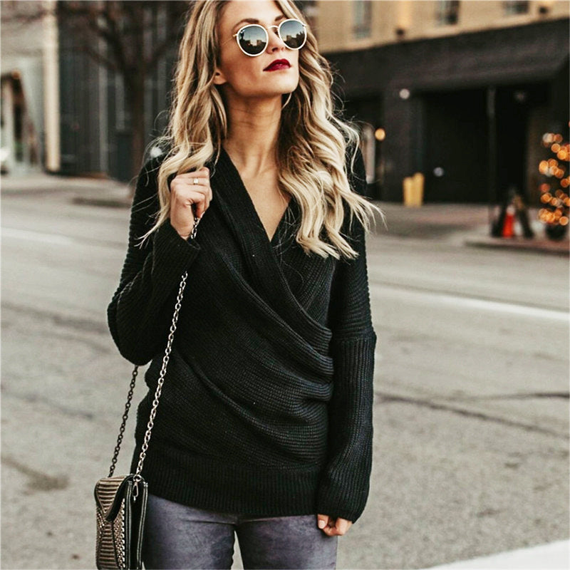 Damen Off-Shoulder Strickpullover mit Wickeldesign und lässigen Ärmeln Drune