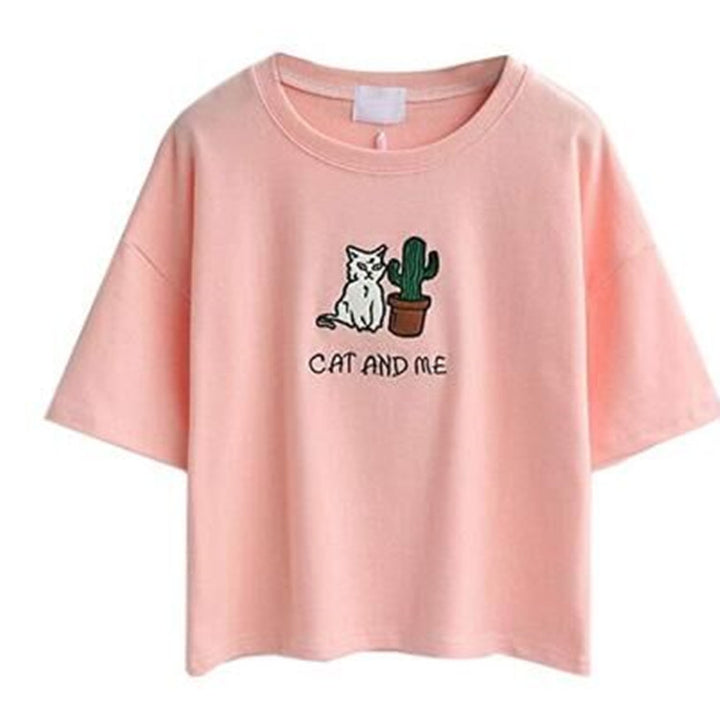 Damen lässiges T-Shirt mit süßem Katzen- und Pflanzenmotiv Drune