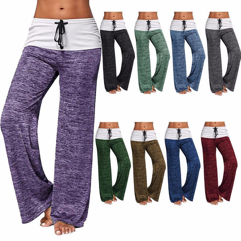 Damen Weiche Palazzo-Loungehose mit Umschlagbund, Kordelzug und weitem Bein Drune