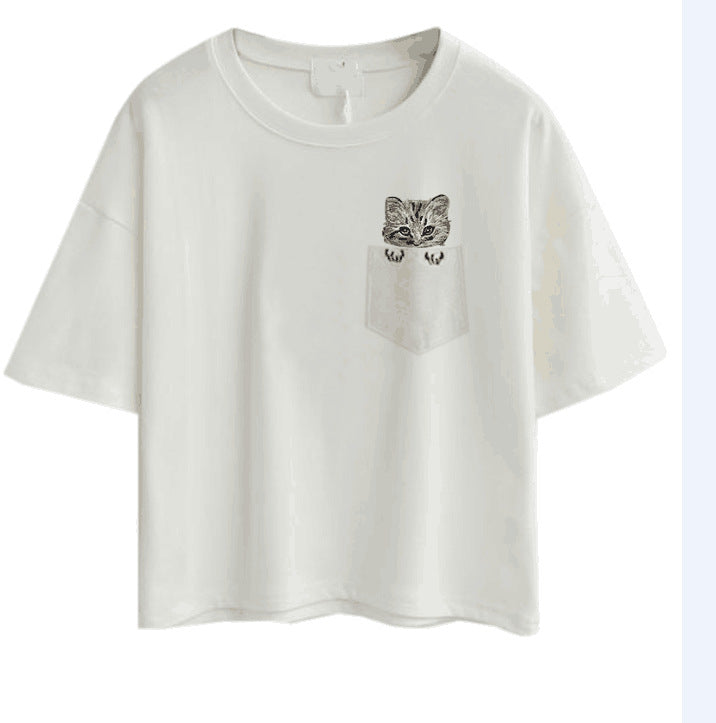 Damen lässiges T-Shirt mit süßem Katzen- und Pflanzenmotiv Drune
