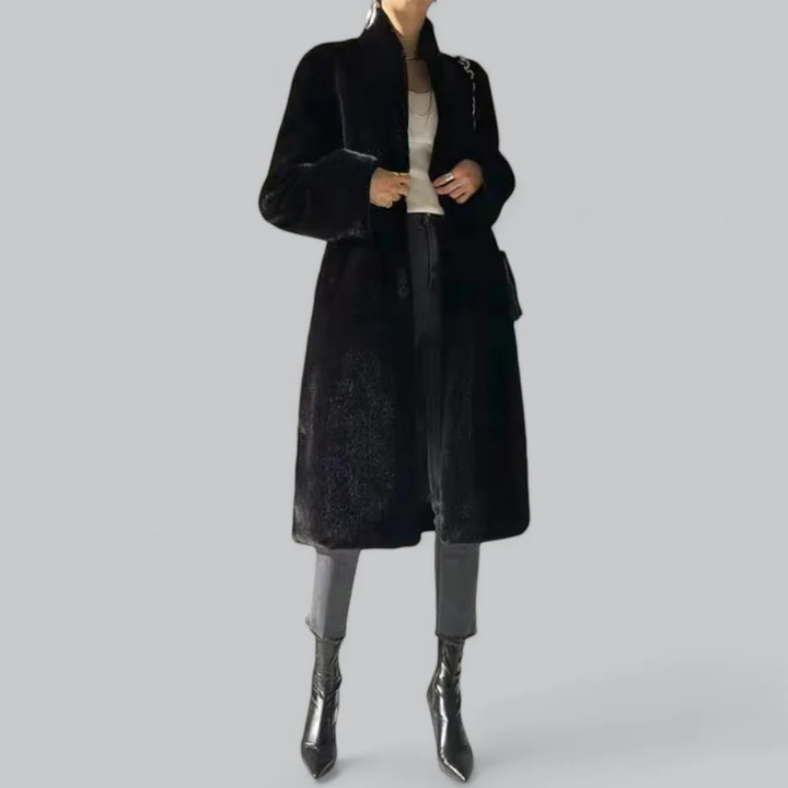 Drune | Damen Schwarz Slim Fit Langer Trenchcoat Klassischer Stil