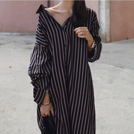 Damen Oversize-Hemdkleid mit vertikalen Streifen, V-Ausschnitt und Ballonärmeln Drune
