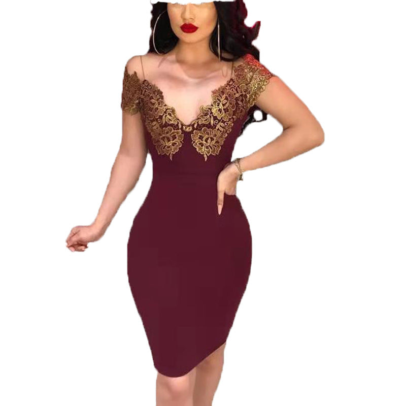 Damen Elegantes Cocktailkleid mit kunstvollen Spitzenärmel und verführerischem Ausschnitt Drune
