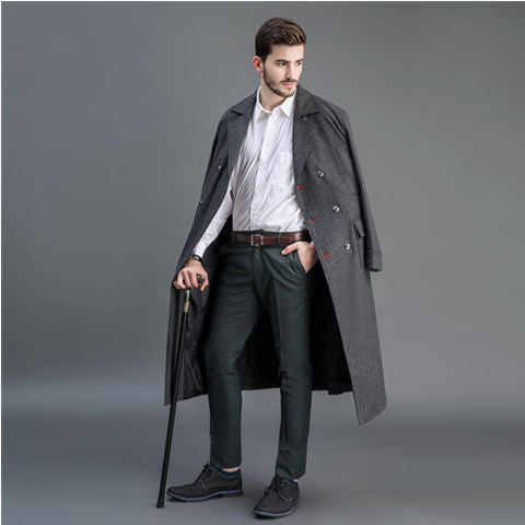 Herren Doppelreihiger Wollmantel mit Schalkragen und langer Silhouette Drune