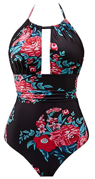Damen Floral Badeanzug mit tiefem Ausschnitt Drune