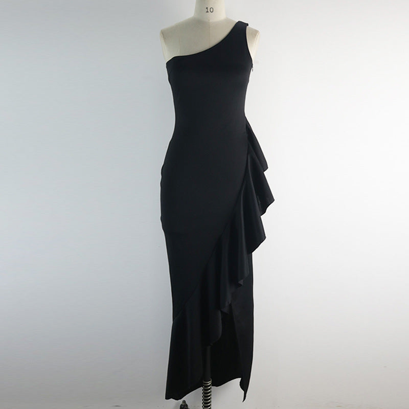 Damen elegantes Abendkleid mit asymmetrischem Rüschendesign Drune