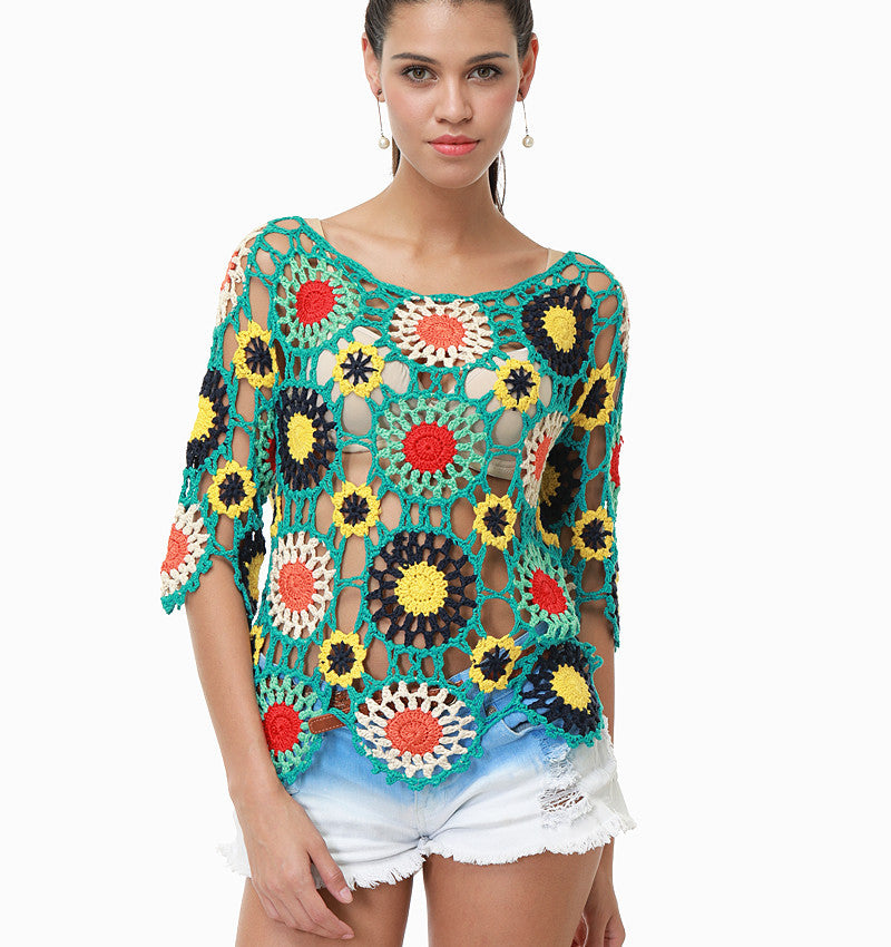 Damen Häkeloberteil mit buntem Floral-Design Drune