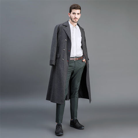 Herren Doppelreihiger Wollmantel mit Schalkragen und langer Silhouette Drune