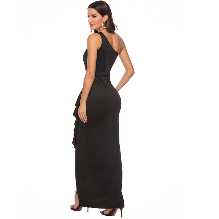 Damen elegantes asymmetrisches Maxikleid mit Rüschen und Schlitz Drune