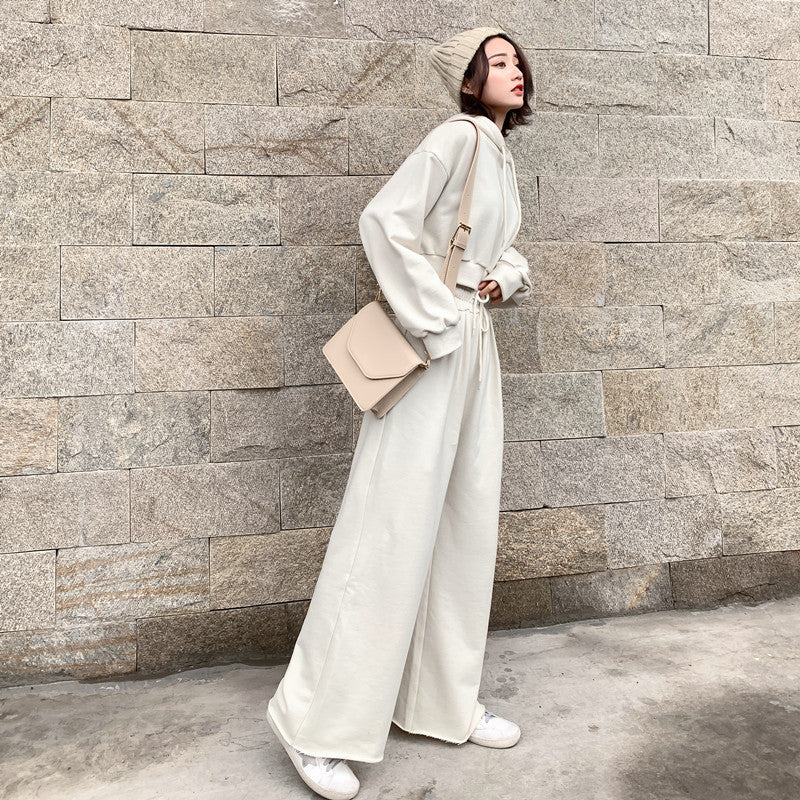 Damen modisches und lässiges Loungewear-Set mit cropped Kapuzenpullover und weiten Hosen Drune