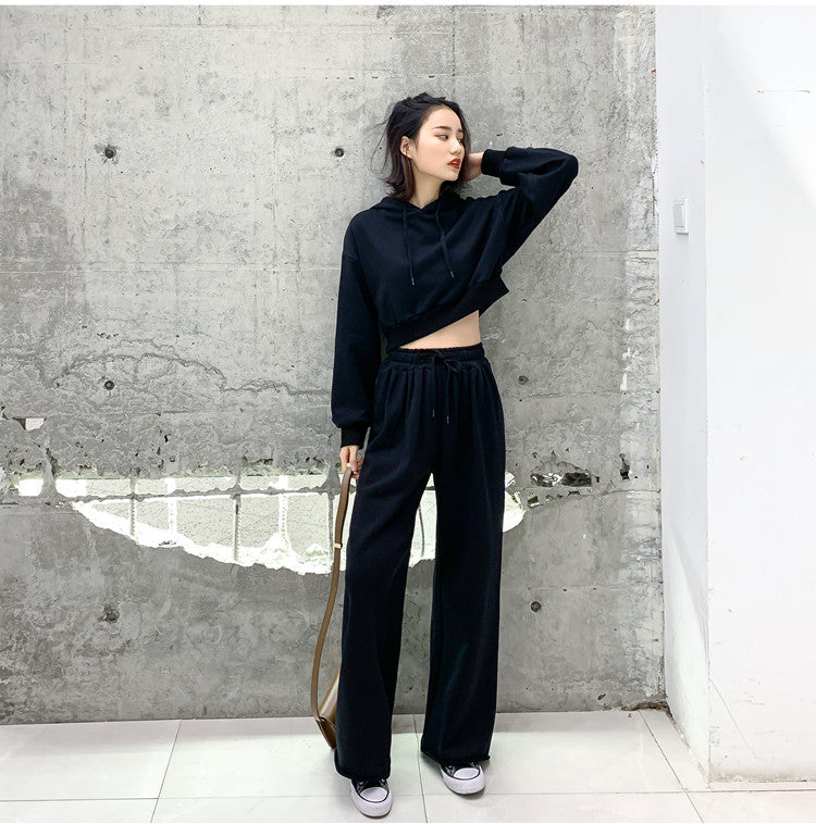 Damen modisches und lässiges Loungewear-Set mit cropped Kapuzenpullover und weiten Hosen Drune