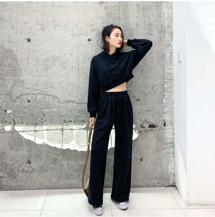 Damen modisches und lässiges Loungewear-Set mit cropped Kapuzenpullover und weiten Hosen Drune