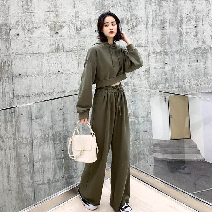 Damen modisches und lässiges Loungewear-Set mit cropped Kapuzenpullover und weiten Hosen Drune