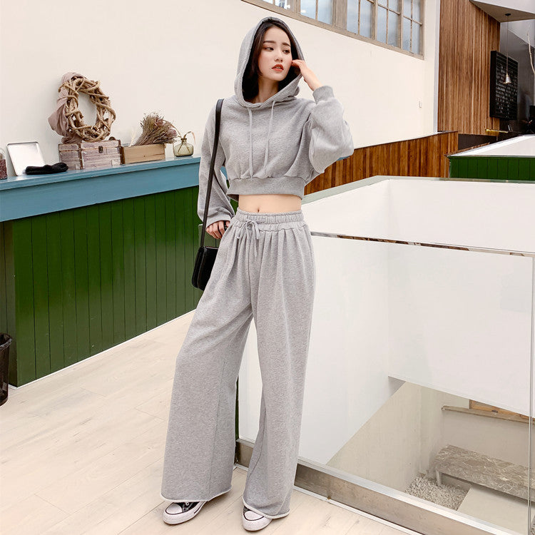 Damen modisches und lässiges Loungewear-Set mit cropped Kapuzenpullover und weiten Hosen Drune