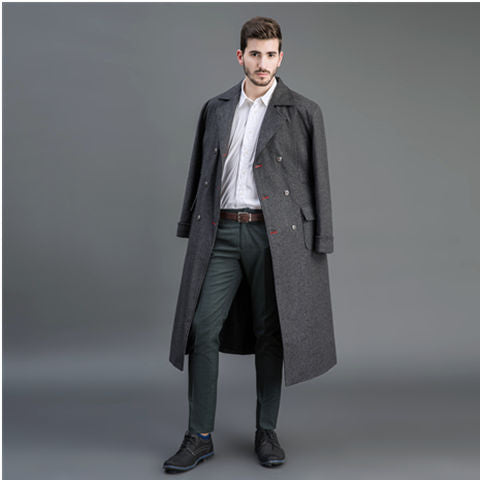 Herren Doppelreihiger Wollmantel mit Schalkragen und langer Silhouette Drune
