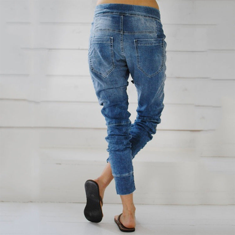 Damen bequeme Denim-Haremshose mit elastischem Bund und lässigem Schnitt Drune