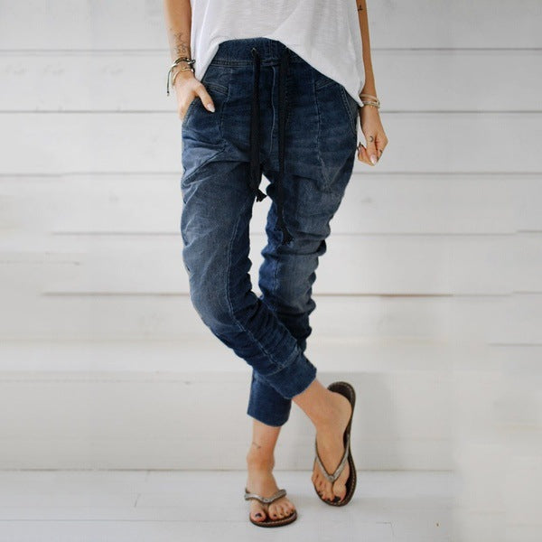 Damen bequeme Denim-Haremshose mit elastischem Bund und lässigem Schnitt Drune