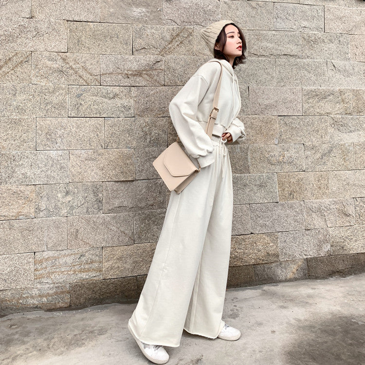 Damen modisches und lässiges Loungewear-Set mit cropped Kapuzenpullover und weiten Hosen Drune
