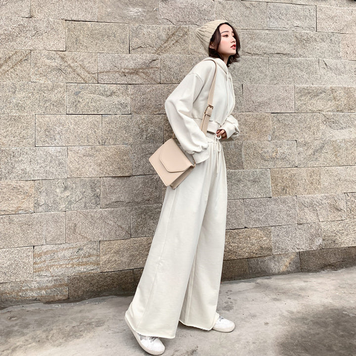 Damen modisches und lässiges Loungewear-Set mit cropped Kapuzenpullover und weiten Hosen Drune