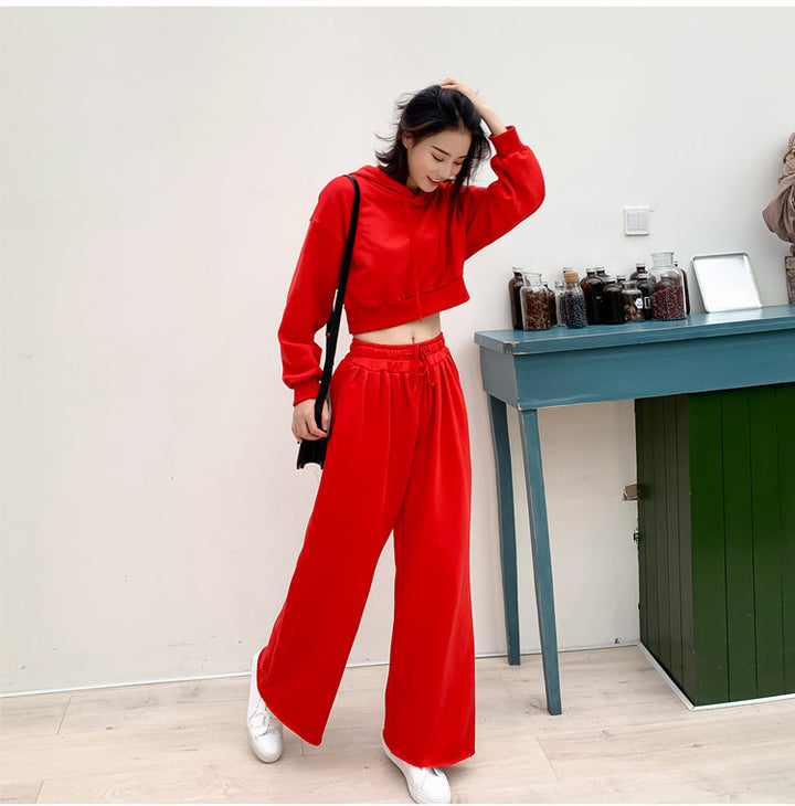 Damen modisches und lässiges Loungewear-Set mit cropped Kapuzenpullover und weiten Hosen Drune
