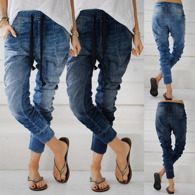 Damen bequeme Denim-Haremshose mit elastischem Bund und lässigem Schnitt Drune