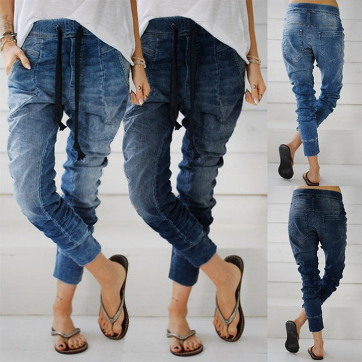 Damen bequeme Denim-Haremshose mit elastischem Bund und lässigem Schnitt Drune