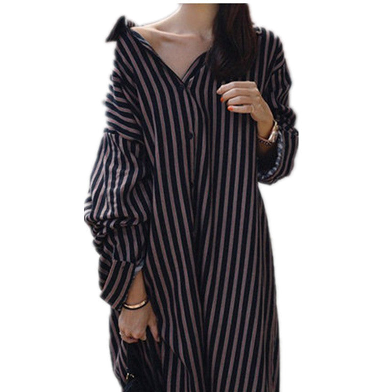 Damen Oversize-Hemdkleid mit vertikalen Streifen, V-Ausschnitt und Ballonärmeln Drune