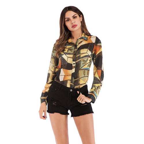 Damen Bedruckte Hemdbluse mit grafischem Patchwork-Print & Knopfleiste Drune