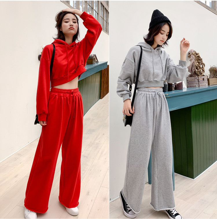 Damen modisches und lässiges Loungewear-Set mit cropped Kapuzenpullover und weiten Hosen Drune
