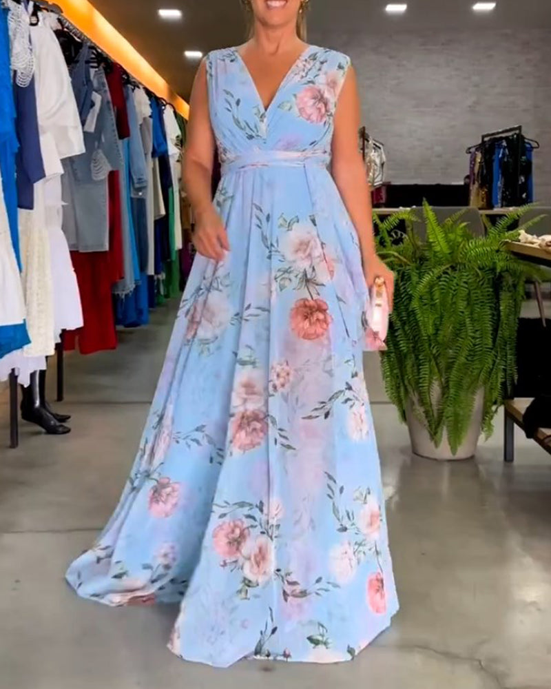 Drune | Elegantes, Ärmelloses Kleid mit Blumendruck und V-Ausschnitt