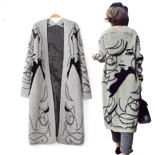 Damen Strickmantel mit künstlerischem Motiv und offener Front Drune