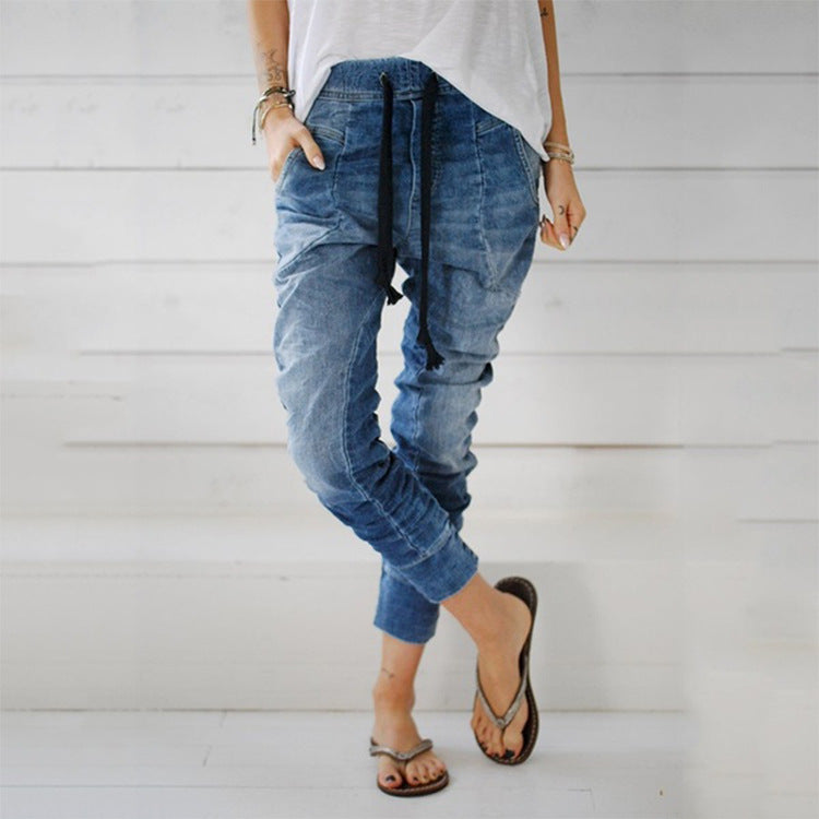 Damen bequeme Denim-Haremshose mit elastischem Bund und lässigem Schnitt Drune