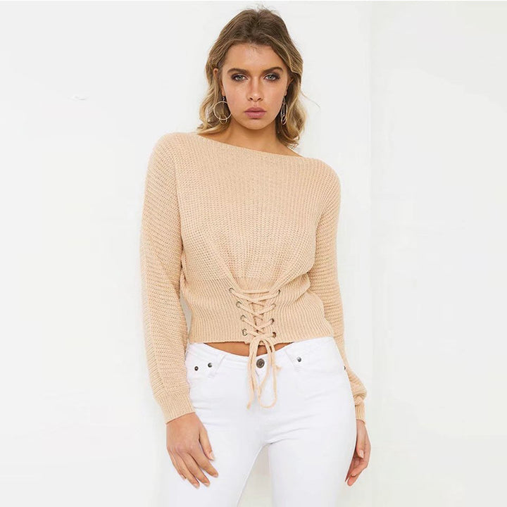 Damen cropped Strickpullover mit trendiger Schnürung Drune