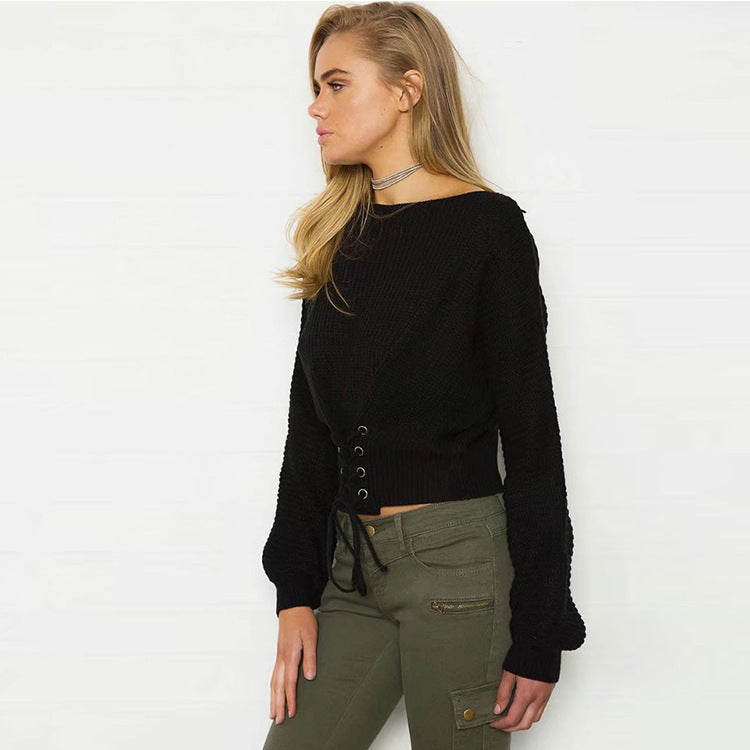 Damen cropped Strickpullover mit trendiger Schnürung Drune