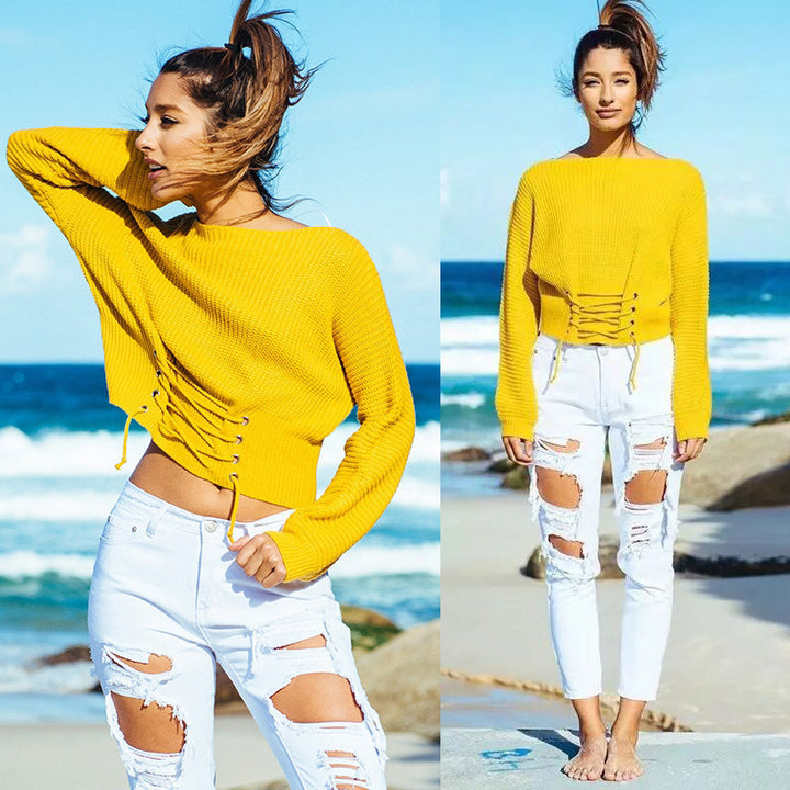 Damen cropped Strickpullover mit trendiger Schnürung Drune