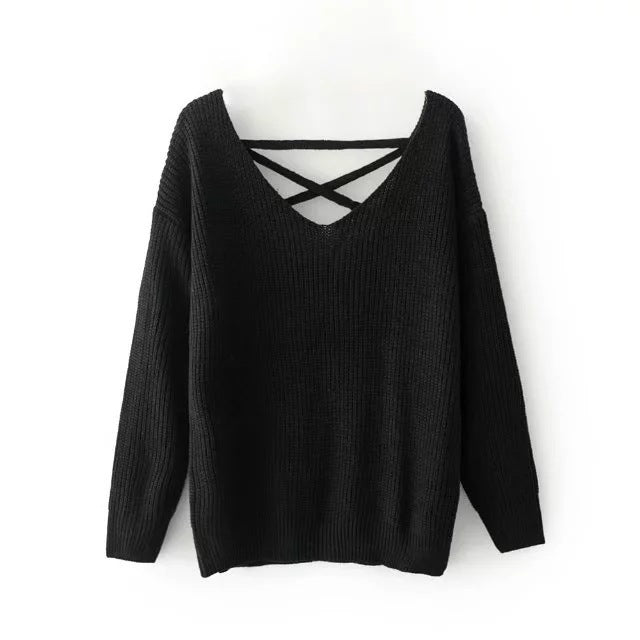 Damen Strickpullover mit tiefem V-Ausschnitt und dekorativem Rückendesign Drune
