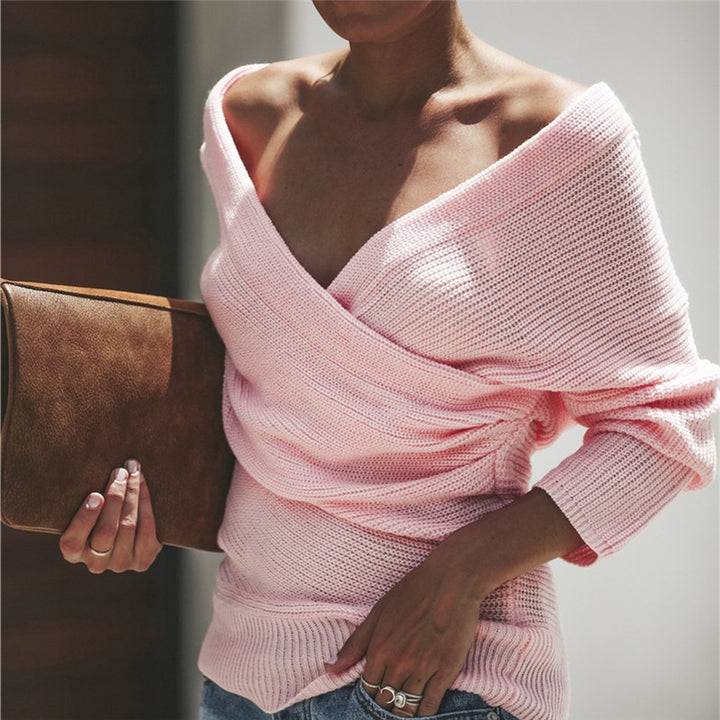 Damen Wickelpullover mit Off-Shoulder Design und lockerem Schnitt Drune
