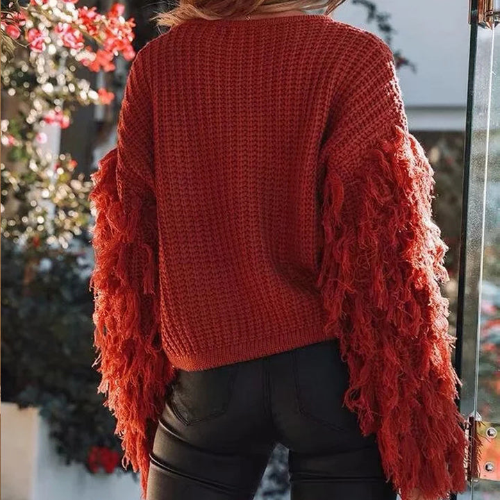 Damen Grobstrickpullover mit modischen Fransenärmeln Drune