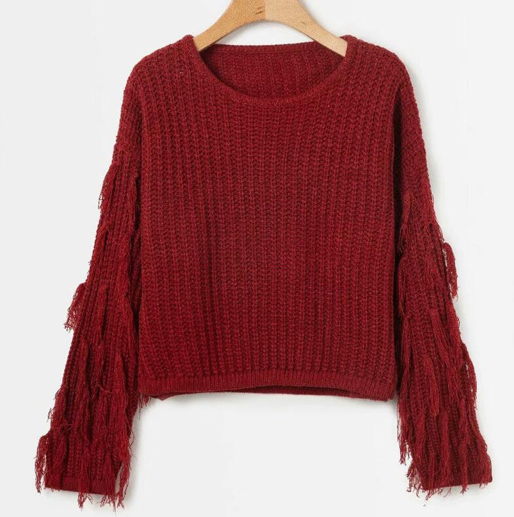 Damen Grobstrickpullover mit fransigen Ärmeln und lockerem Schnitt Drune