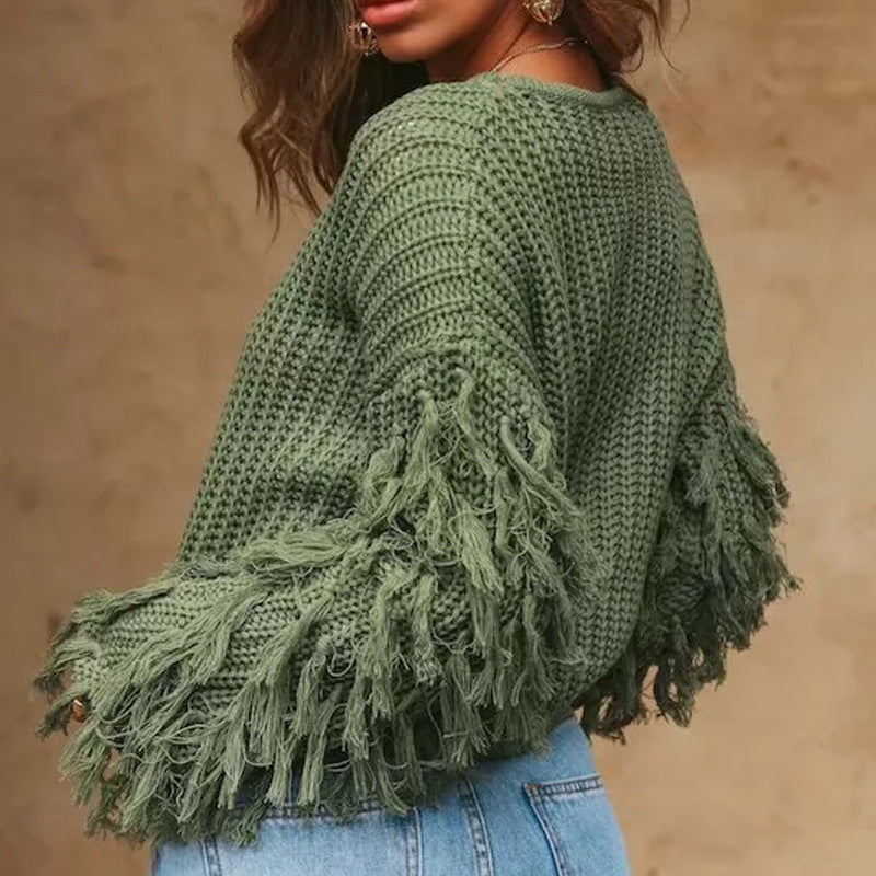 Damen Grobstrickpullover mit modischen Fransenärmeln Drune