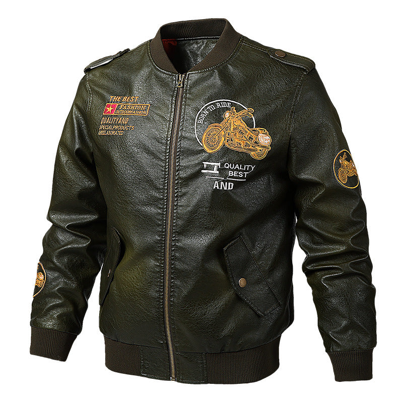 Herren Modische Kunstleder-Bomberjacke mit Stickereien Drune